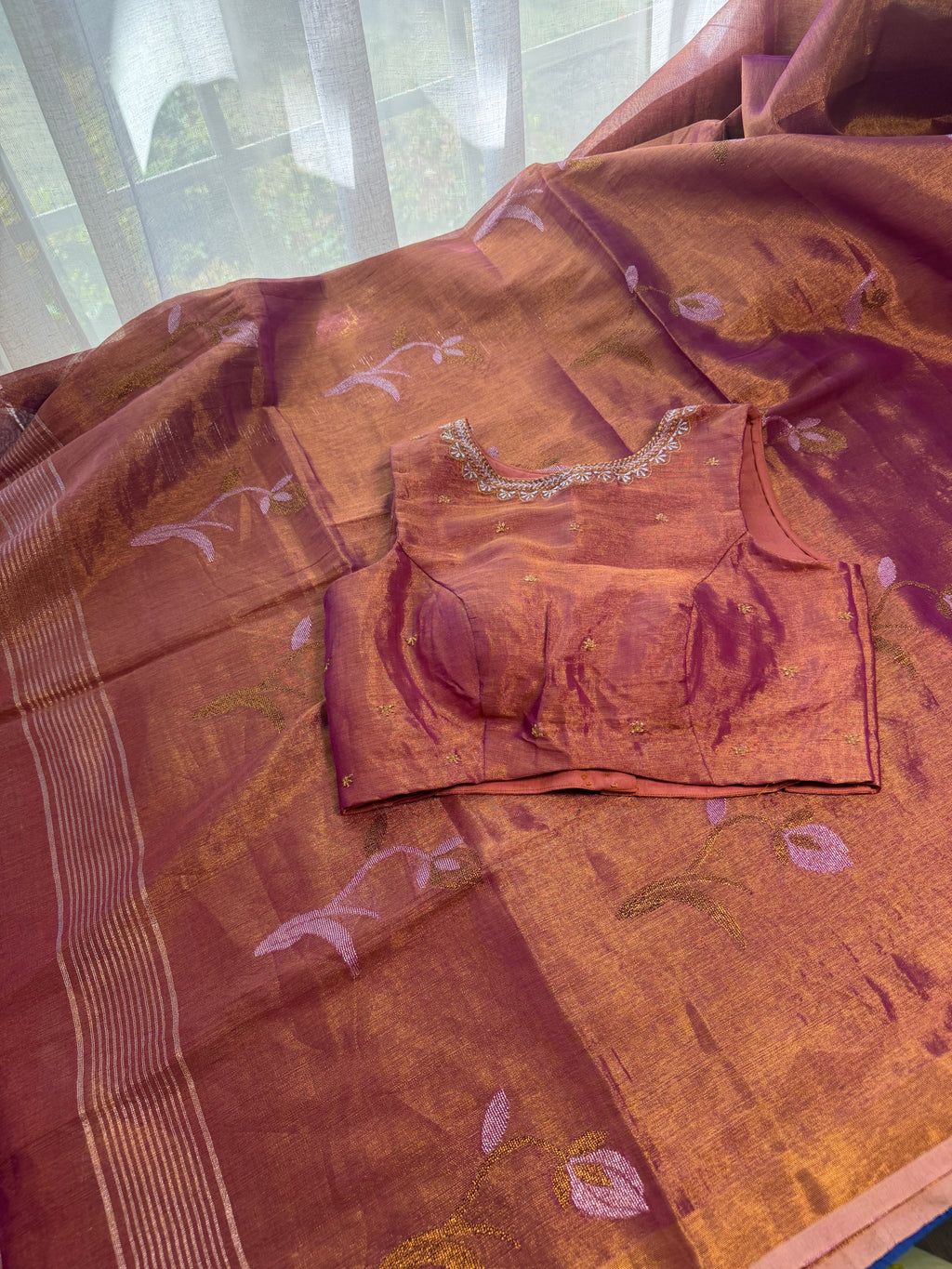 Tissue Jamdani Saree with Allover Motifs- Orange