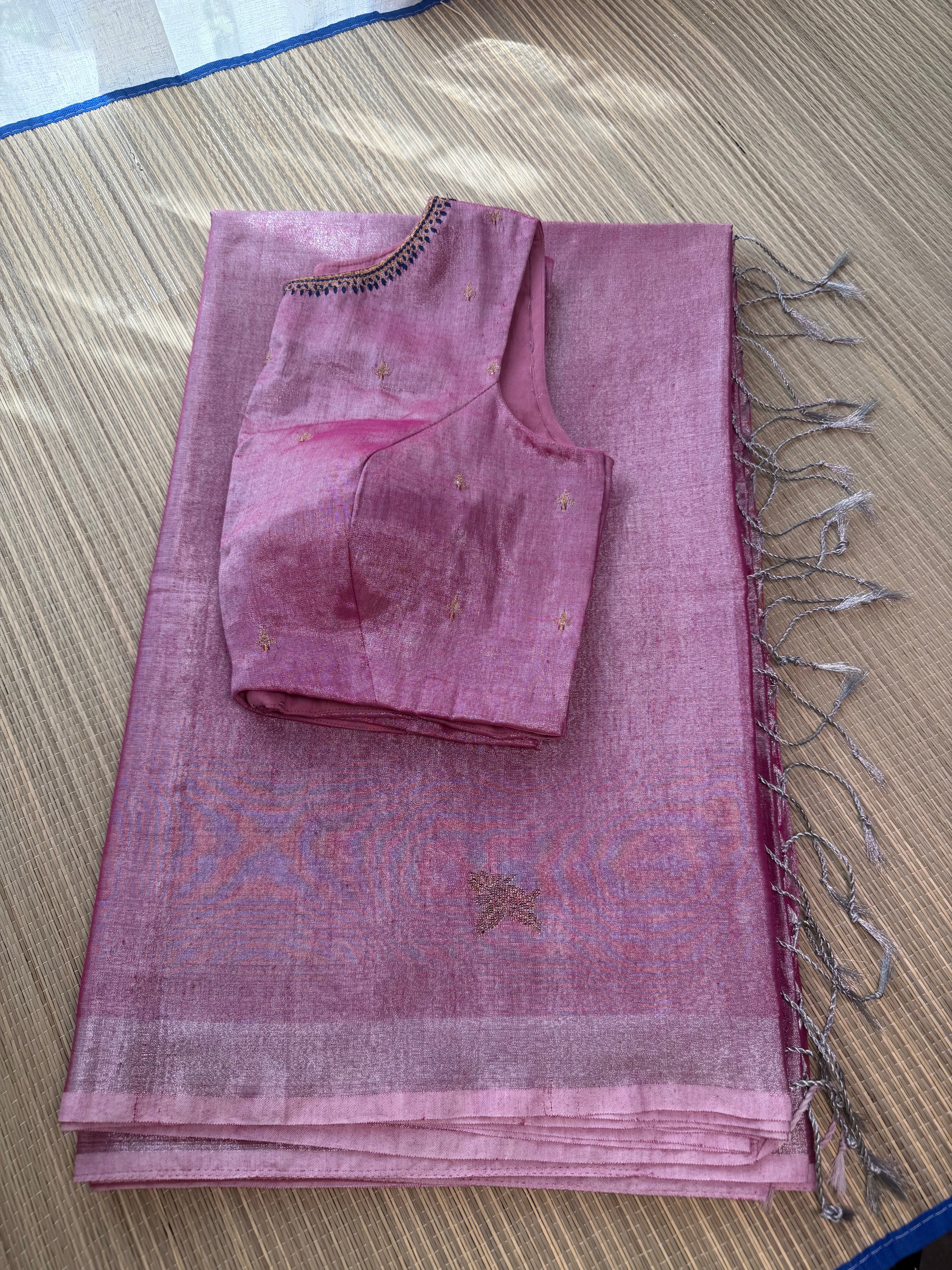 Tissue Jamdani Saree with Allover Motifs- Dark Pink