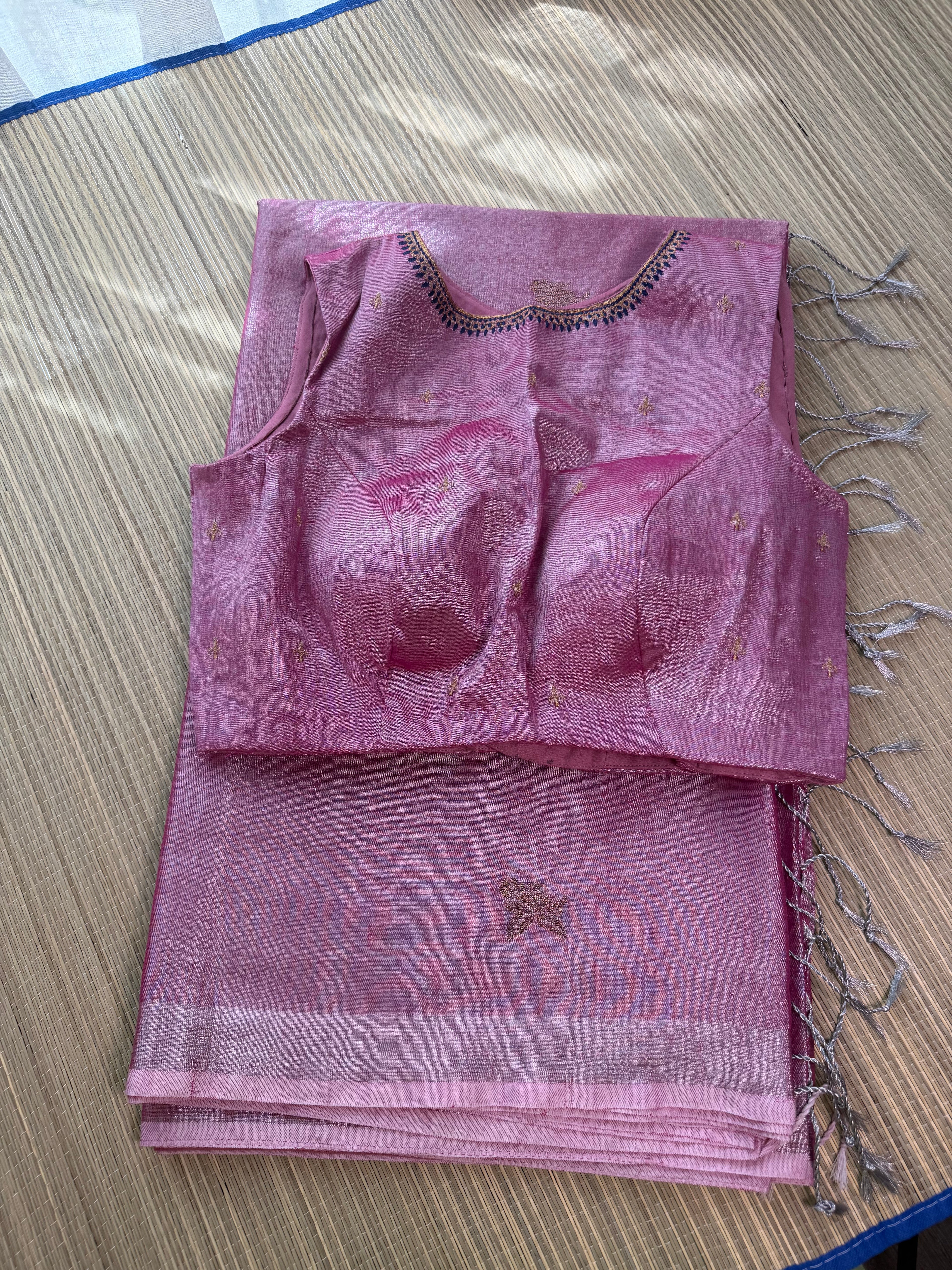 Tissue Jamdani Saree with Allover Motifs- Dark Pink