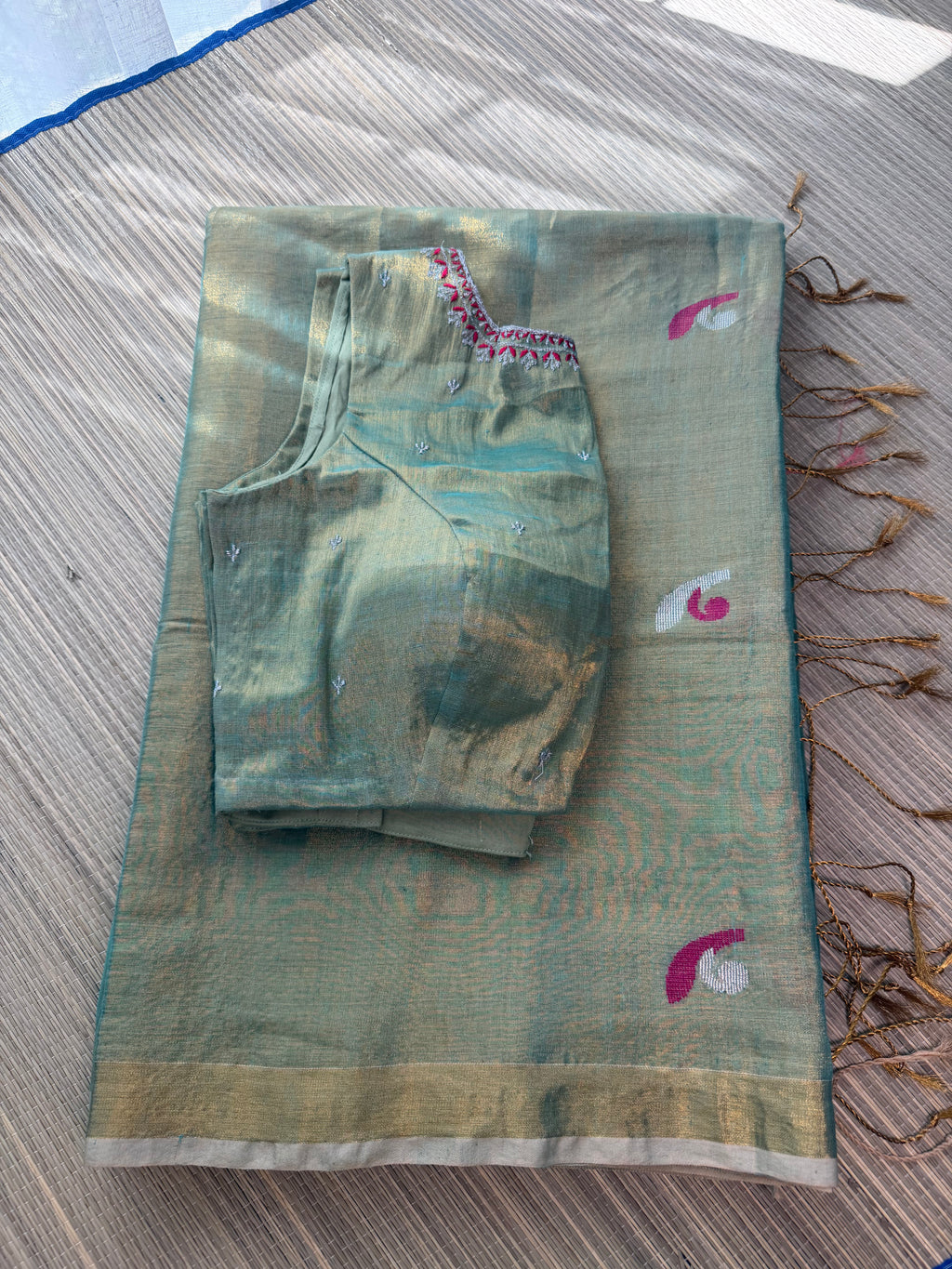 Tissue Jamdani Saree with Allover Motifs- Green