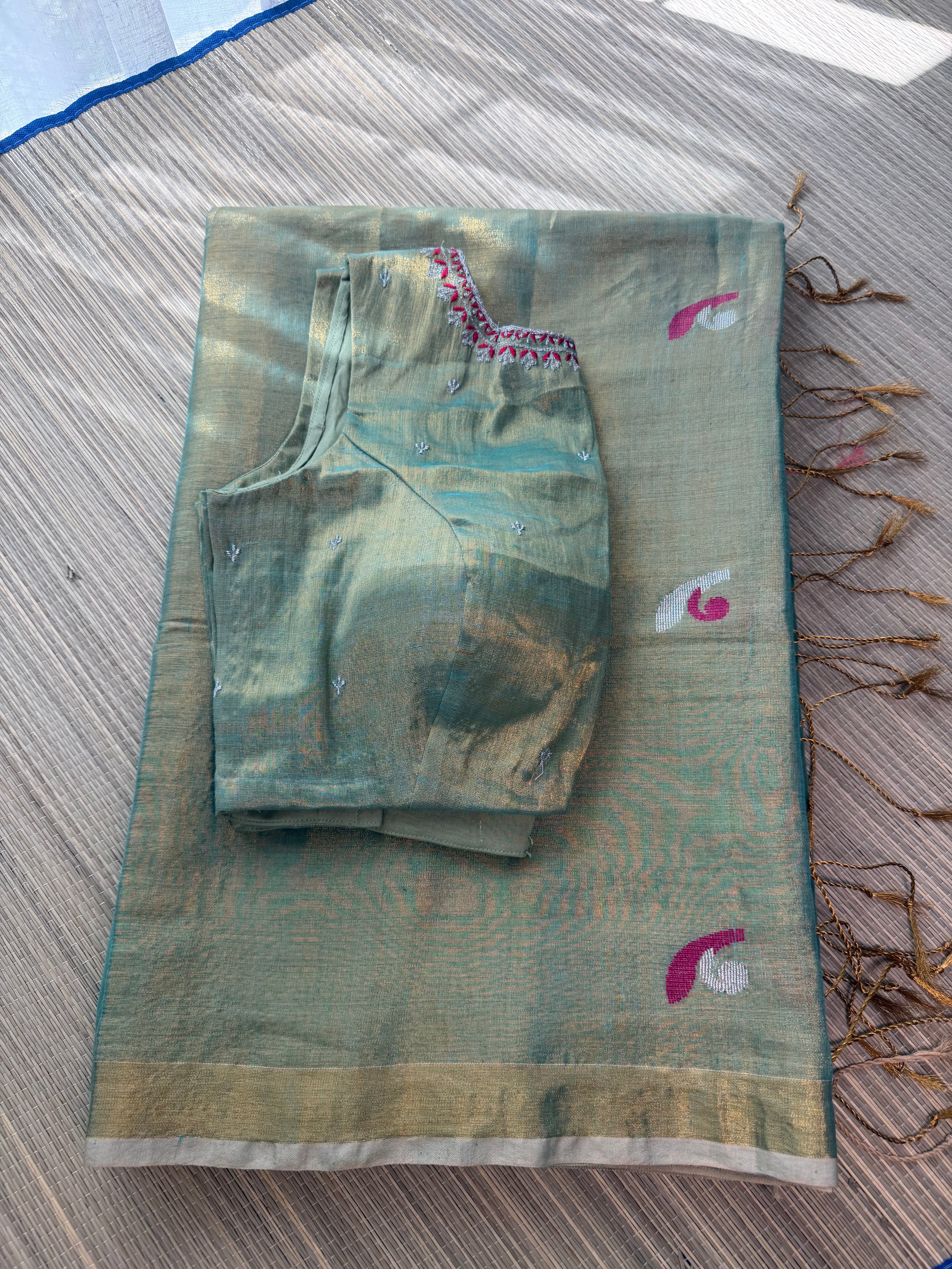 Tissue Jamdani Saree with Allover Motifs- Green