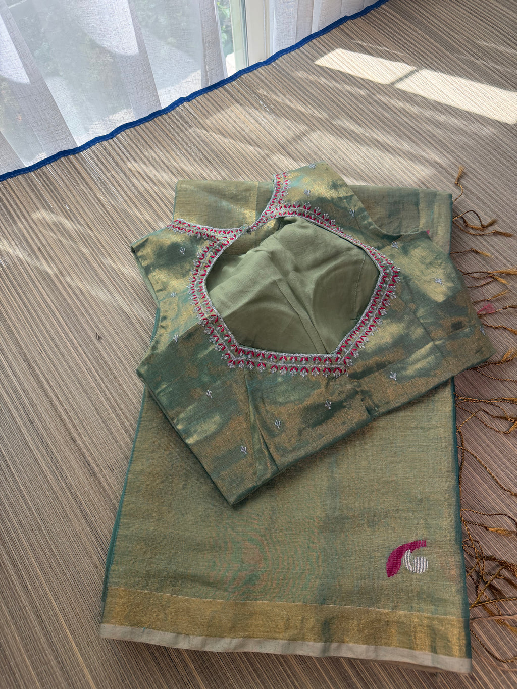 Tissue Jamdani Saree with Allover Motifs- Green