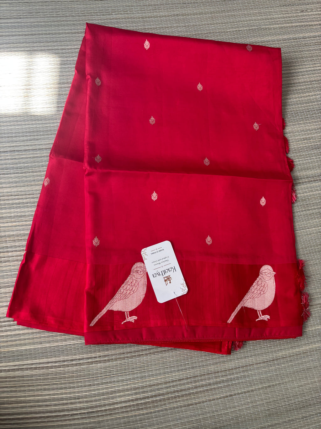 Red Benaras Silk Saree with Sparrow Motifs & Designer Blouse