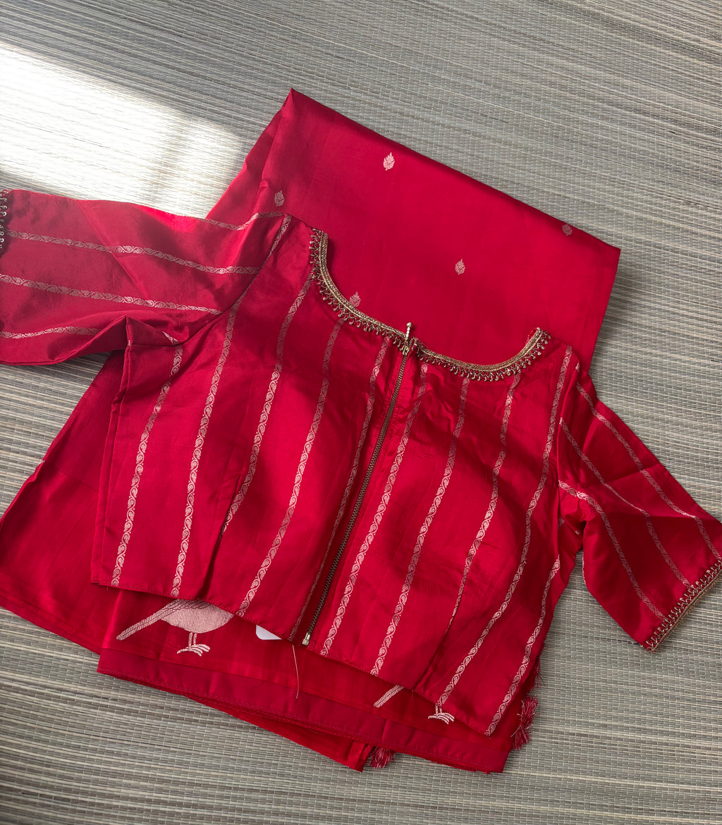 Red Benaras Silk Saree with Sparrow Motifs & Designer Blouse