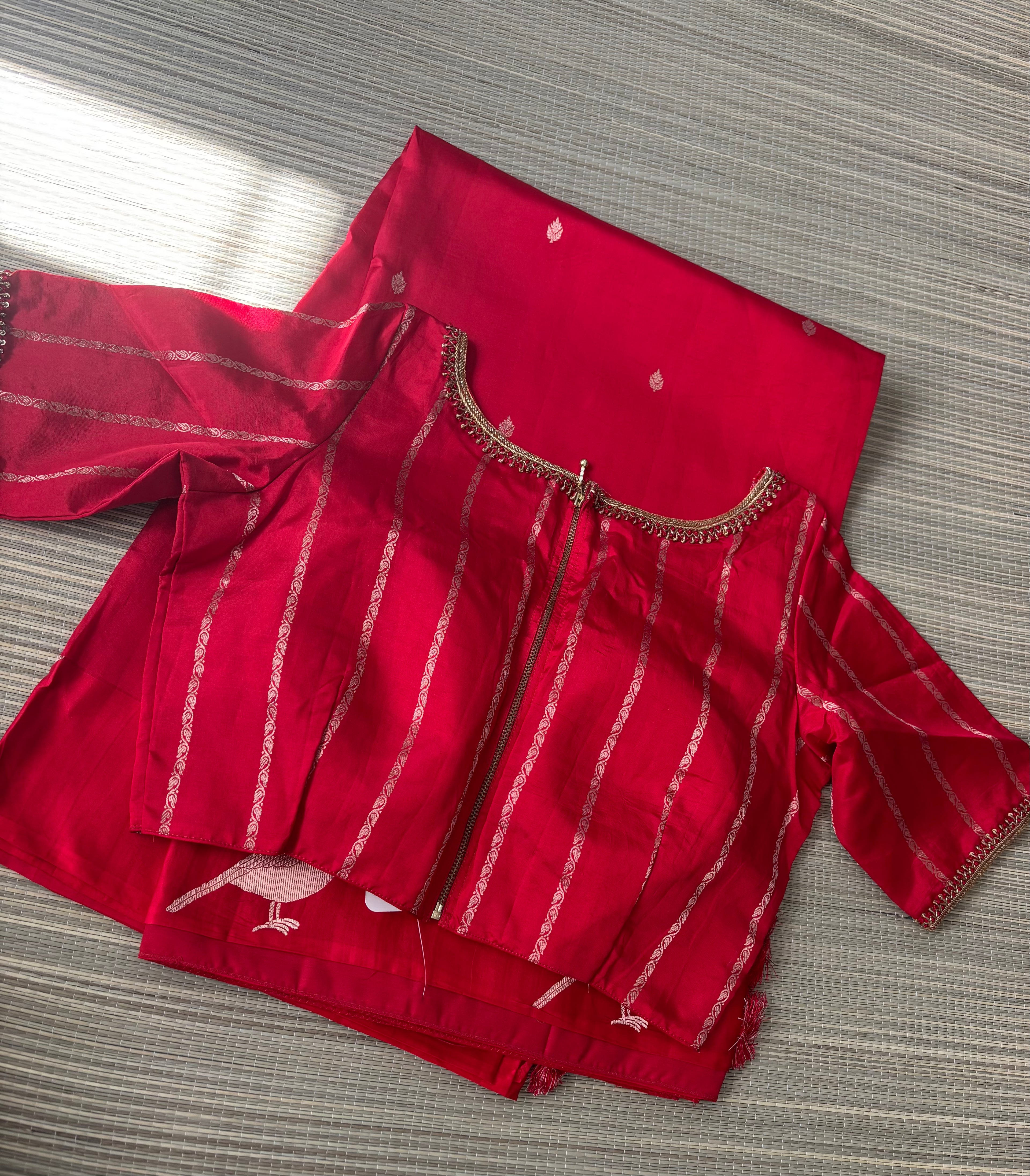 Red Benaras Silk Saree with Sparrow Motifs & Designer Blouse