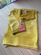 Kota Saree with printed sleeve Blouse -  Green