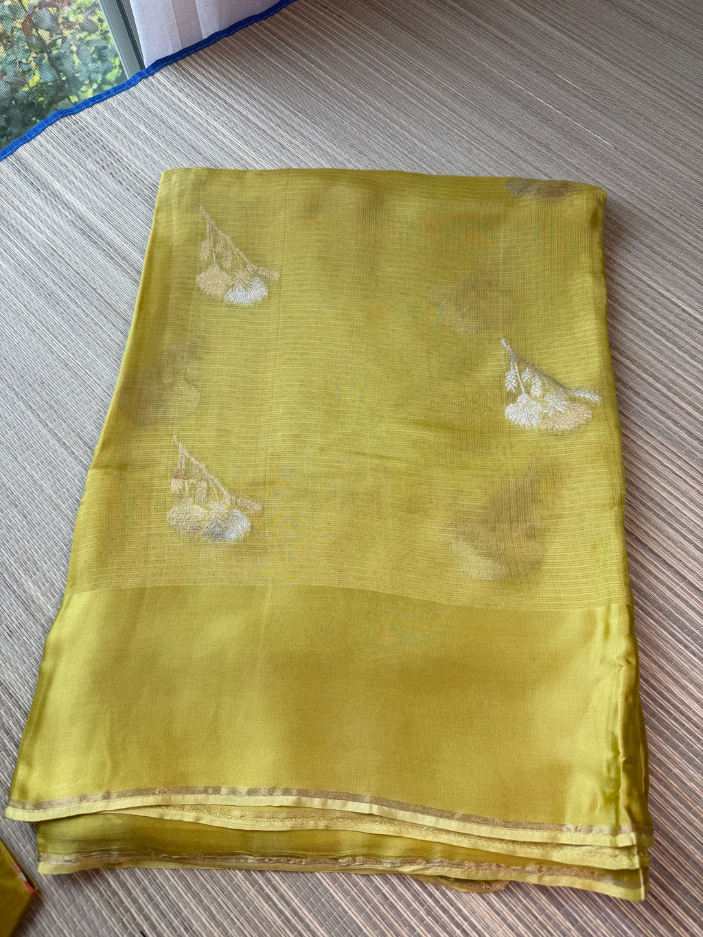 Kota Saree with printed sleeve Blouse -  Green