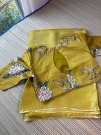 Kota Saree with printed sleeve Blouse -  Green