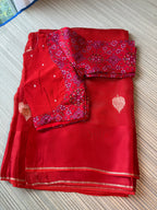 Kota Saree with printed sleeve Blouse -  Chilli Red