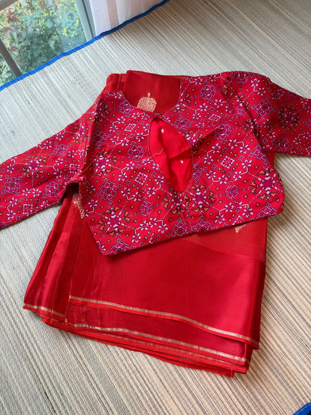 Kota Saree with printed sleeve Blouse -  Chilli Red