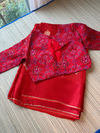 Kota Saree with printed sleeve Blouse -  Chilli Red