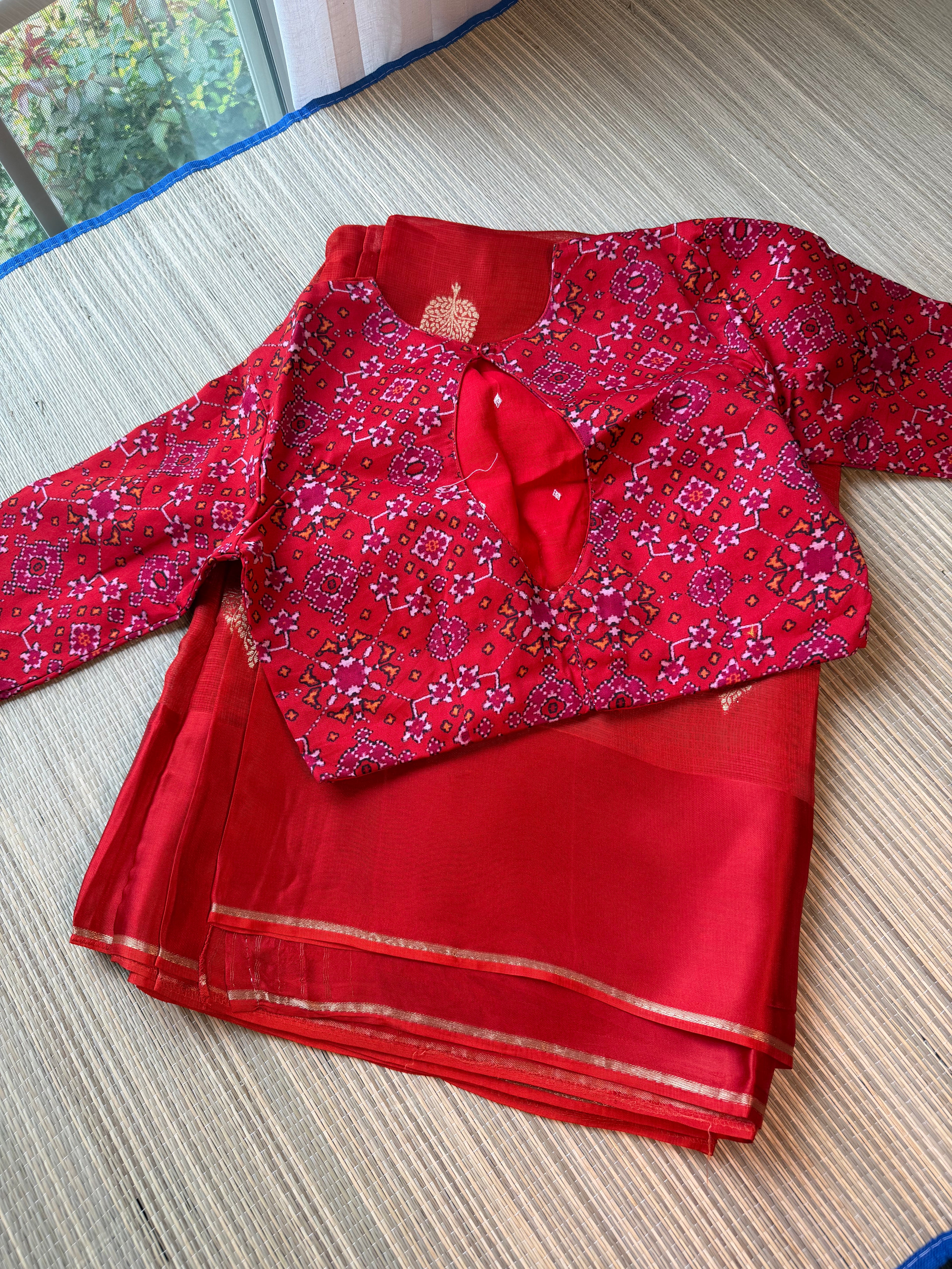 Kota Saree with printed sleeve Blouse -  Chilli Red