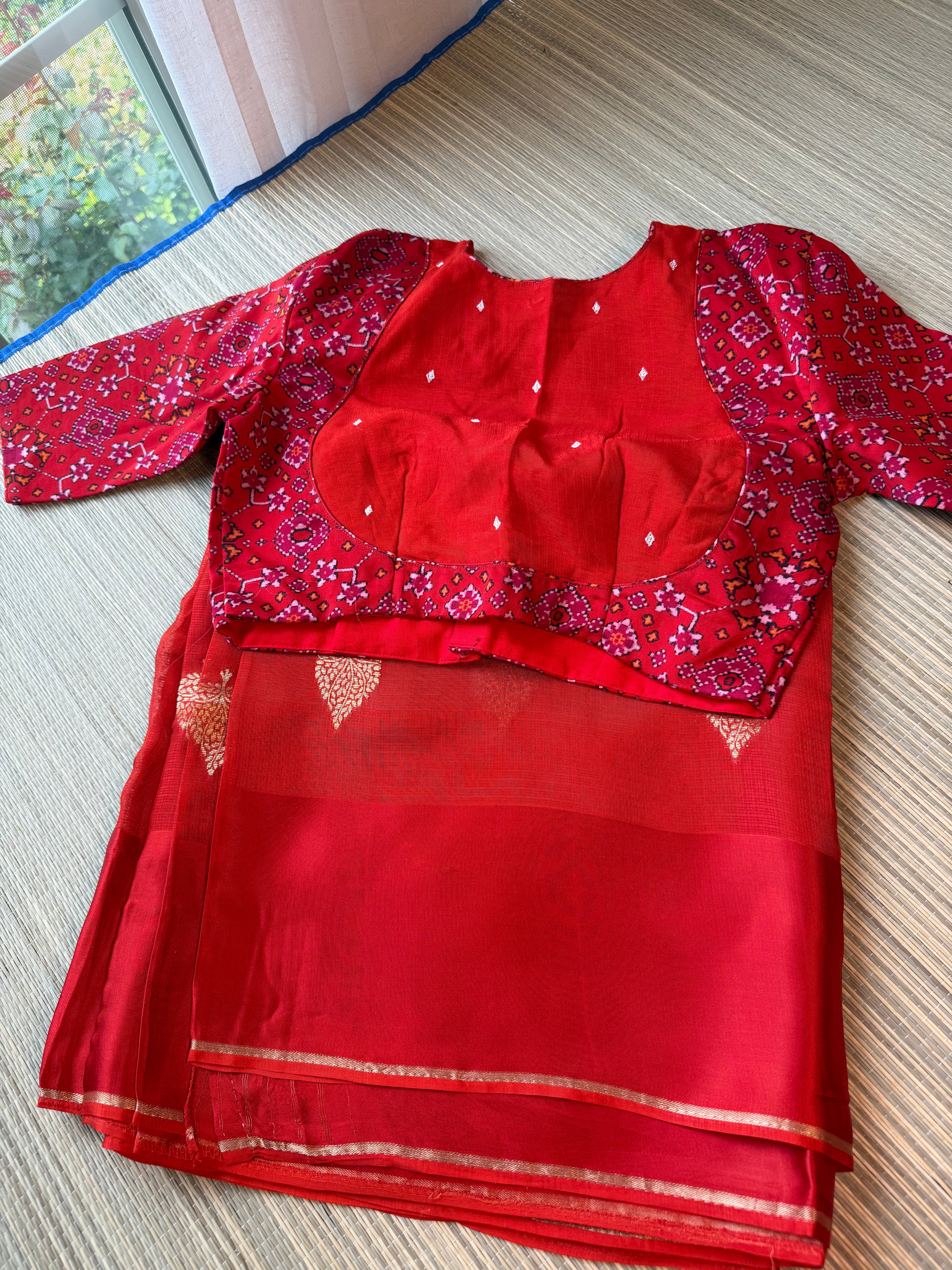 Kota Saree with printed sleeve Blouse -  Chilli Red