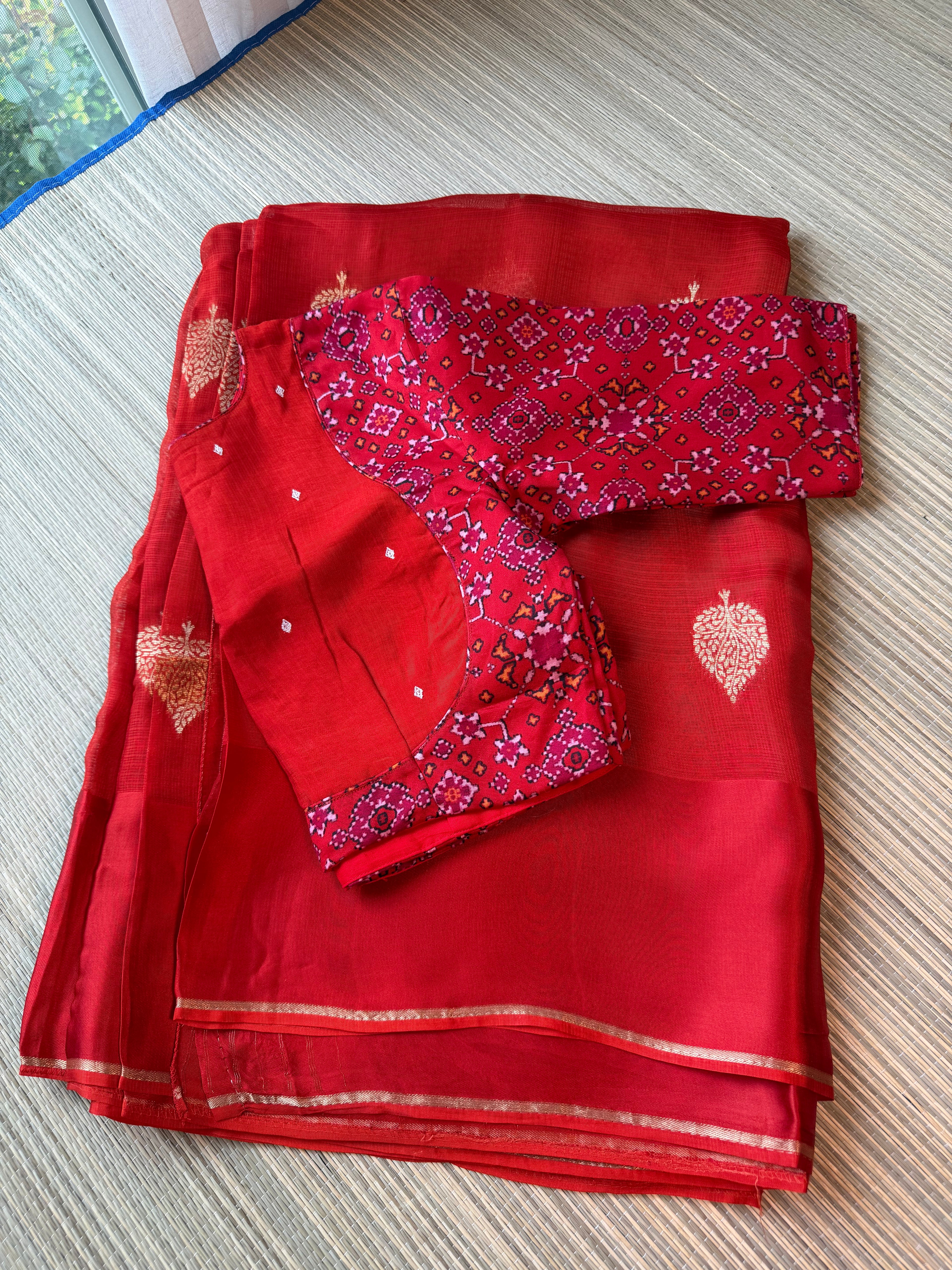Kota Saree with printed sleeve Blouse -  Chilli Red