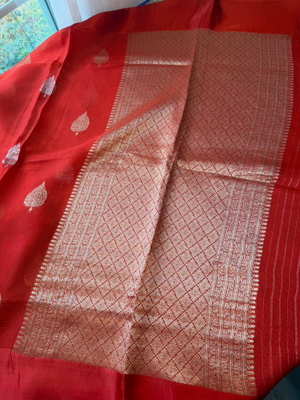 Kota Saree with printed sleeve Blouse -  Chilli Red