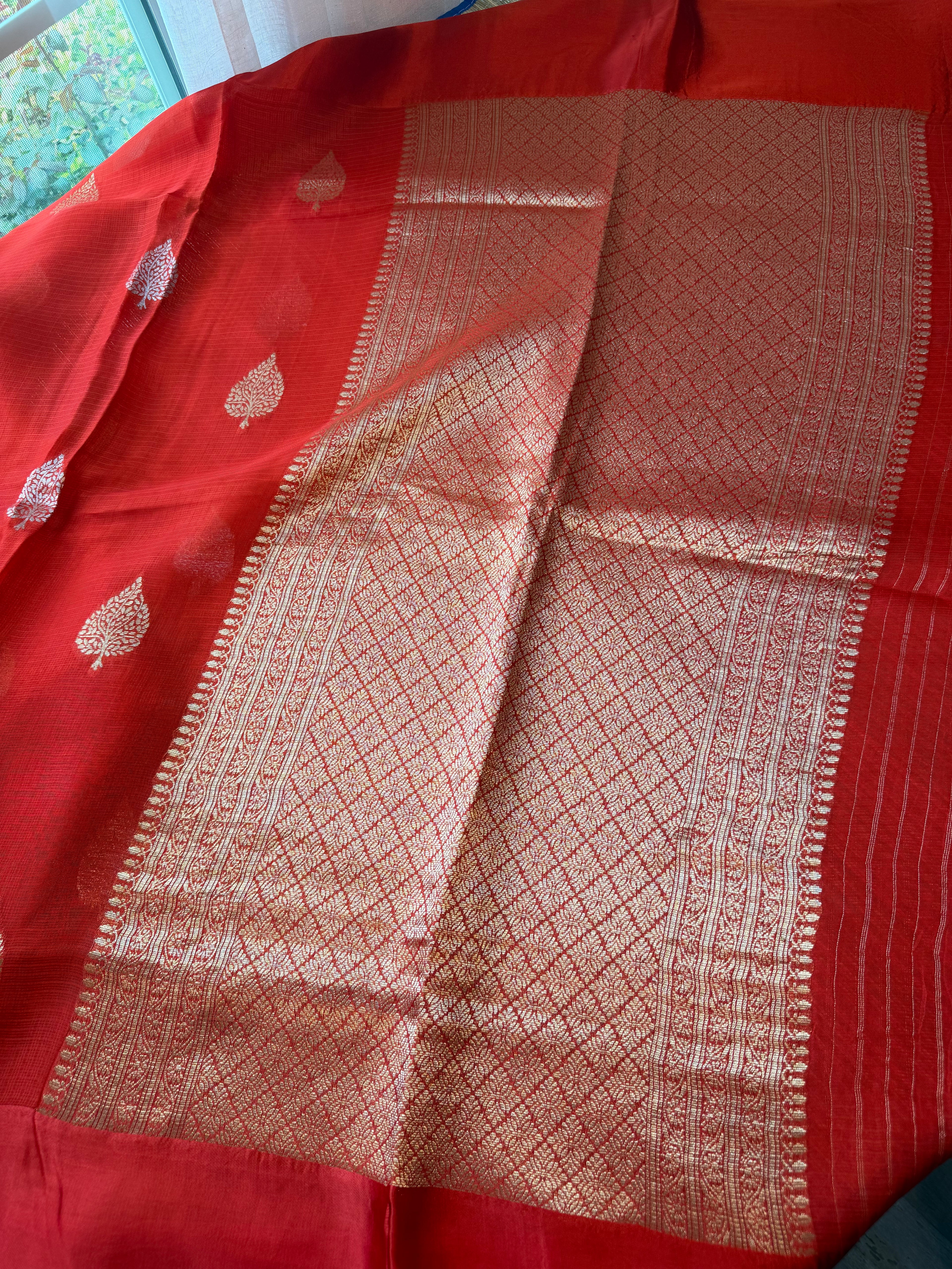 Kota Saree with printed sleeve Blouse -  Chilli Red