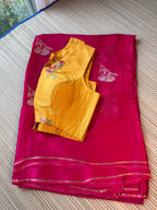 Kota Saree with printed sleeveless Blouse - Pink/Yellow