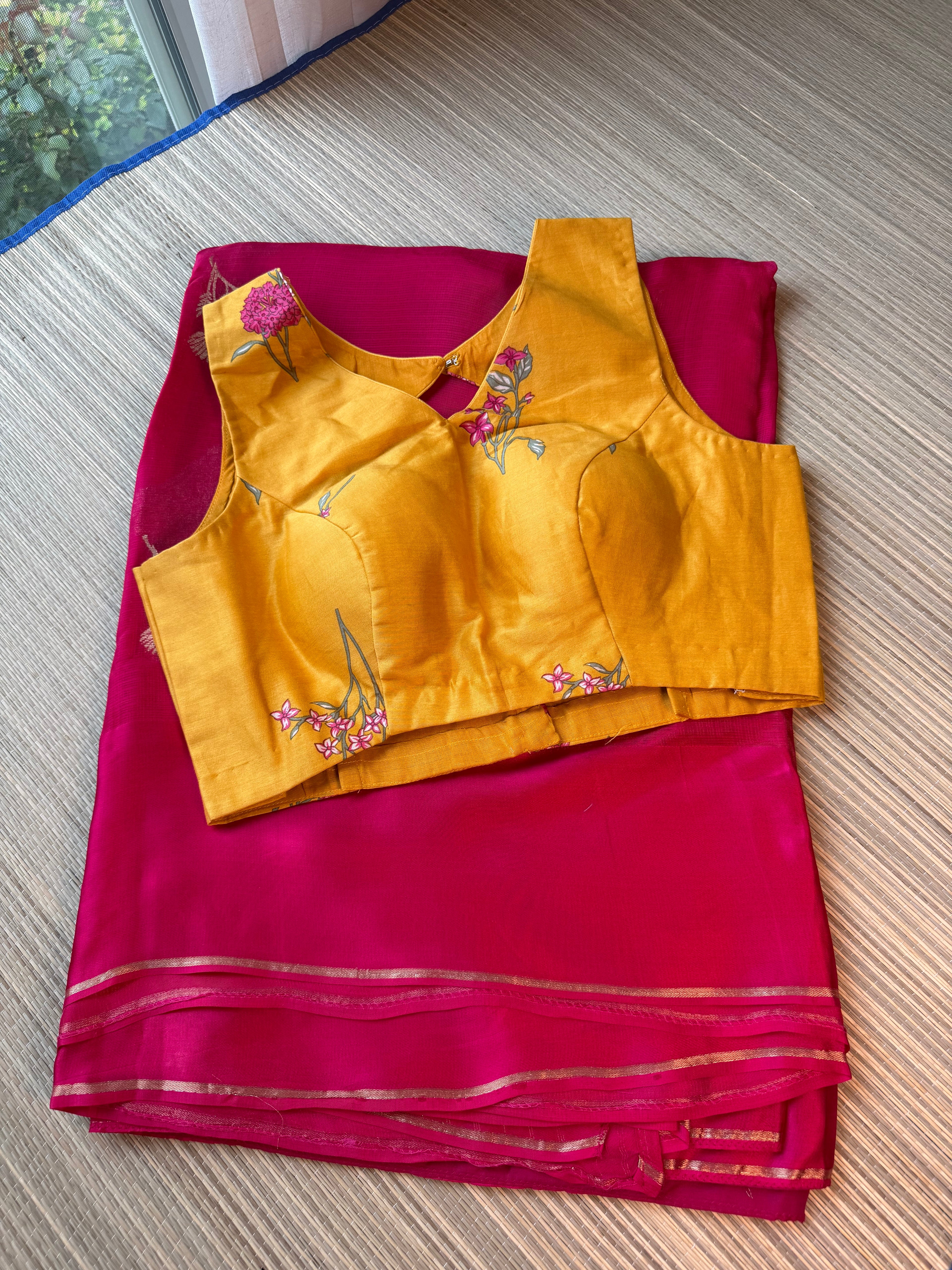 Kota Saree with printed sleeveless Blouse - Pink/Yellow
