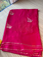 Kota Saree with printed sleeveless Blouse - Pink/Yellow