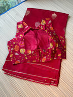 Kota Saree with printed sleeveless Blouse -  Red