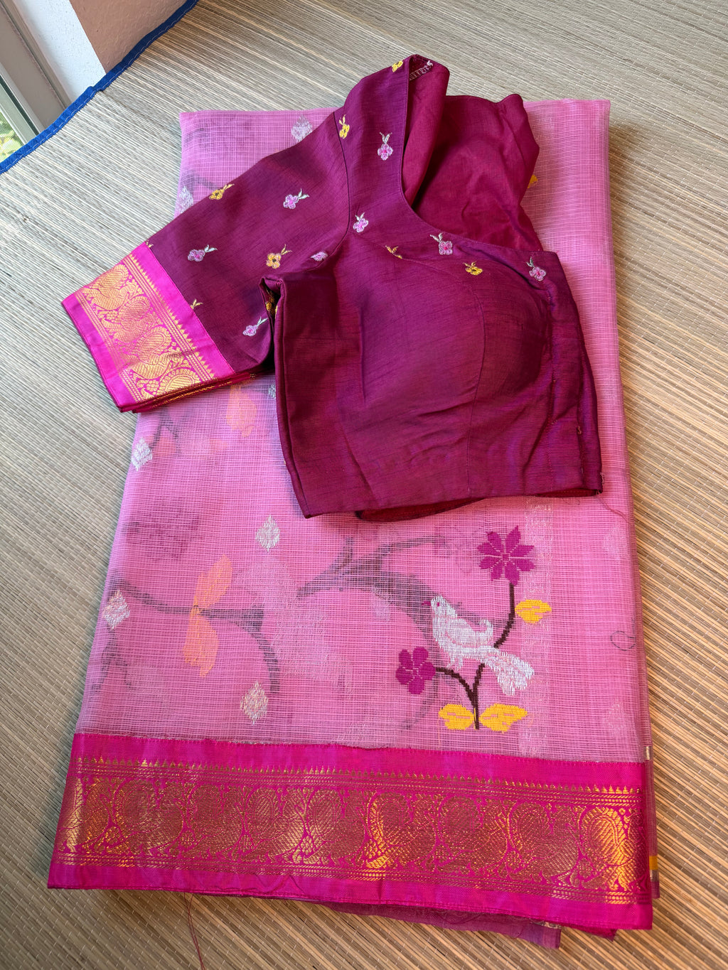 Pure Zari Kota Saree with Kanchi Fusion Border - Pink/Dark Pink