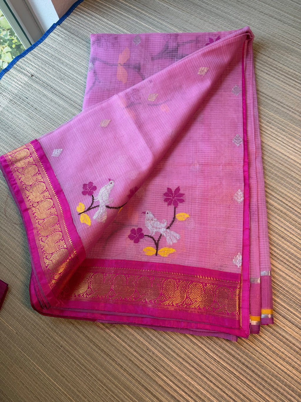 Pure Zari Kota Saree with Kanchi Fusion Border - Pink/Dark Pink