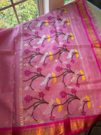 Pure Zari Kota Saree with Kanchi Fusion Border - Pink/Dark Pink