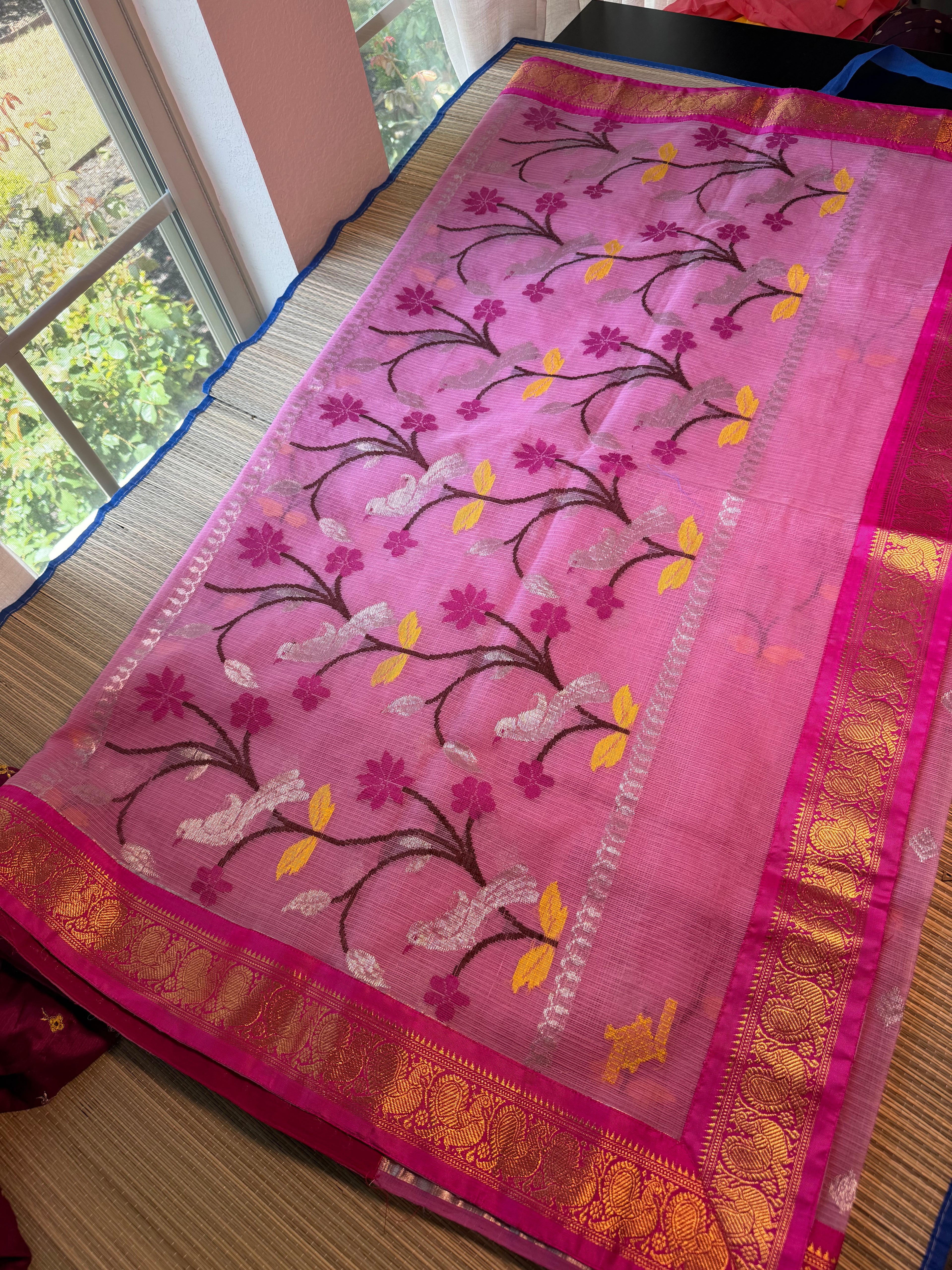 Pure Zari Kota Saree with Kanchi Fusion Border - Pink/Dark Pink