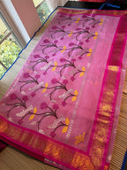 Pure Zari Kota Saree with Kanchi Fusion Border - Pink/Dark Pink