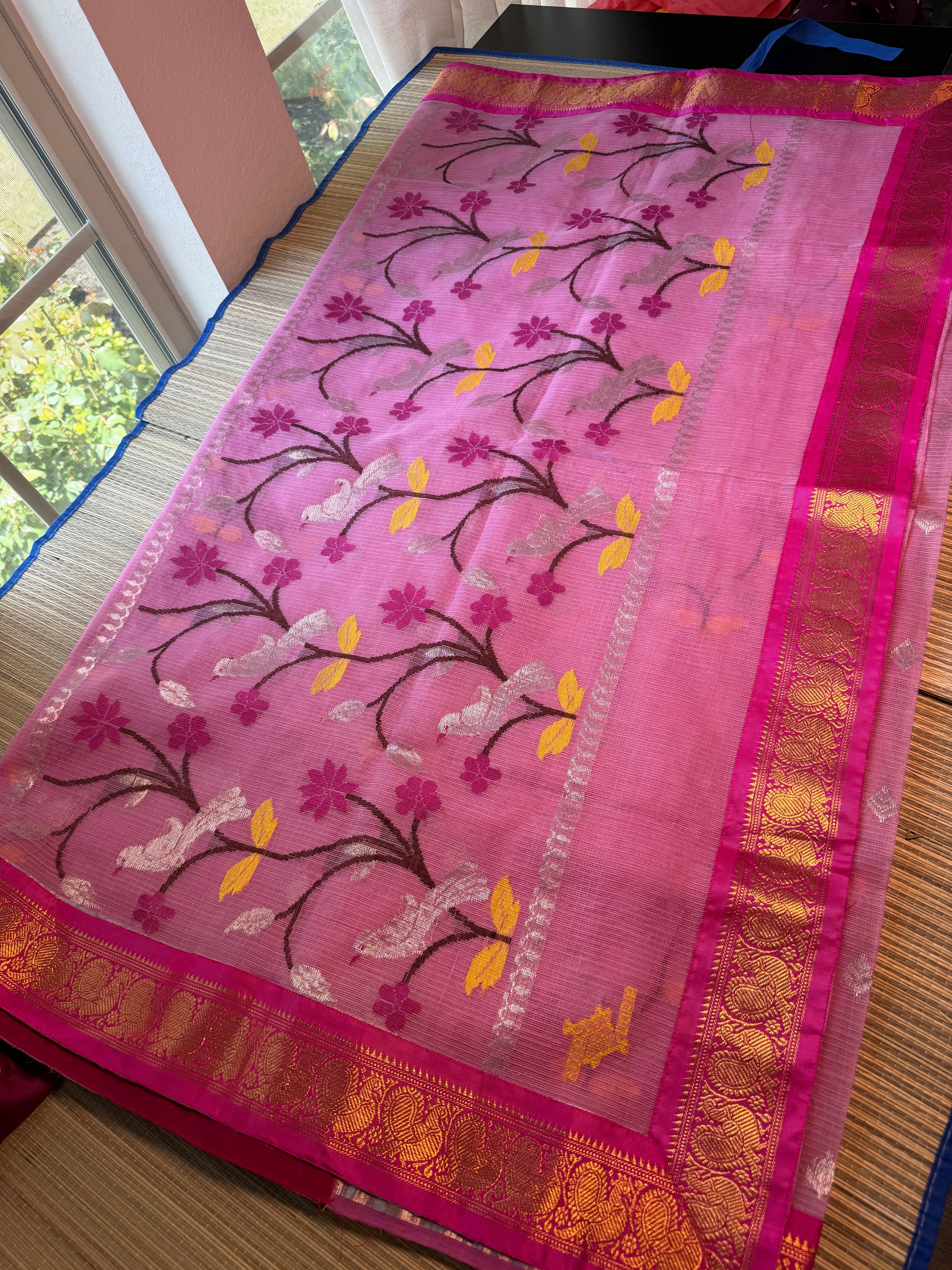 Pure Zari Kota Saree with Kanchi Fusion Border - Pink/Dark Pink