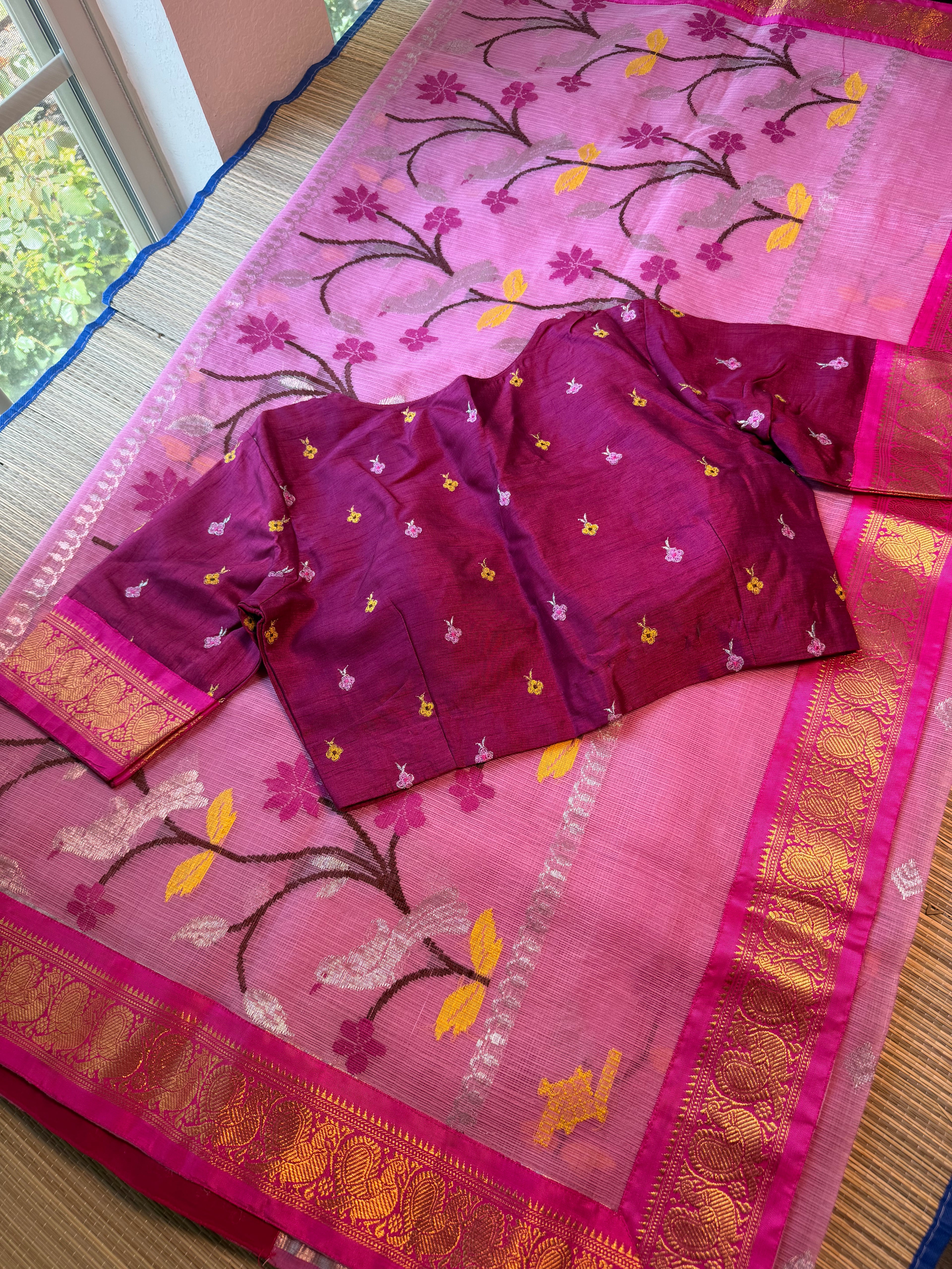 Pure Zari Kota Saree with Kanchi Fusion Border - Pink/Dark Pink