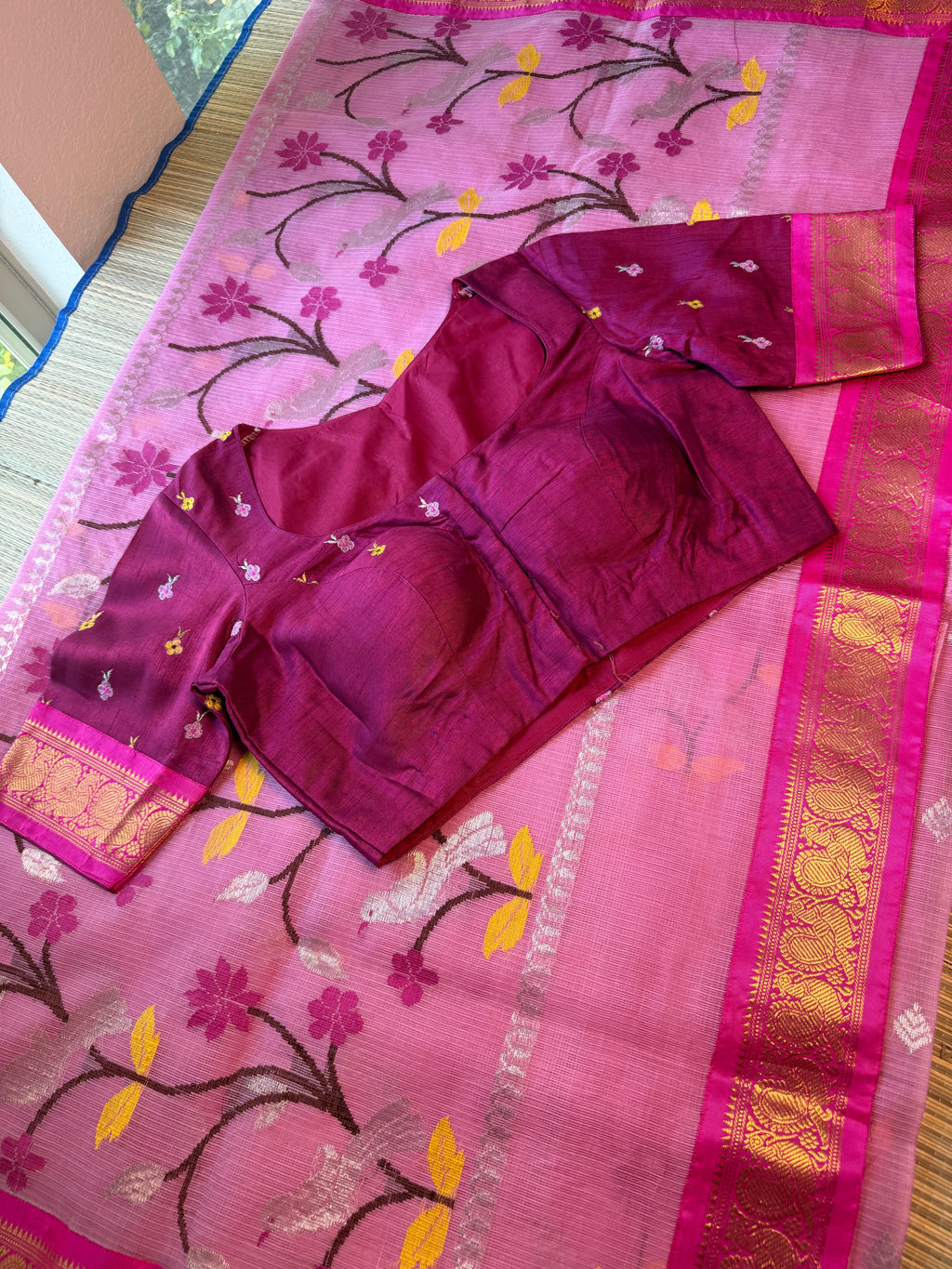 Pure Zari Kota Saree with Kanchi Fusion Border - Pink/Dark Pink