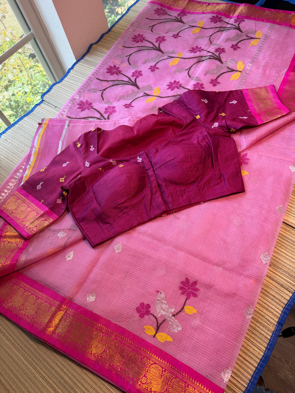 Pure Zari Kota Saree with Kanchi Fusion Border - Pink/Dark Pink