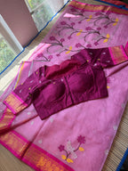 Pure Zari Kota Saree with Kanchi Fusion Border - Pink/Dark Pink