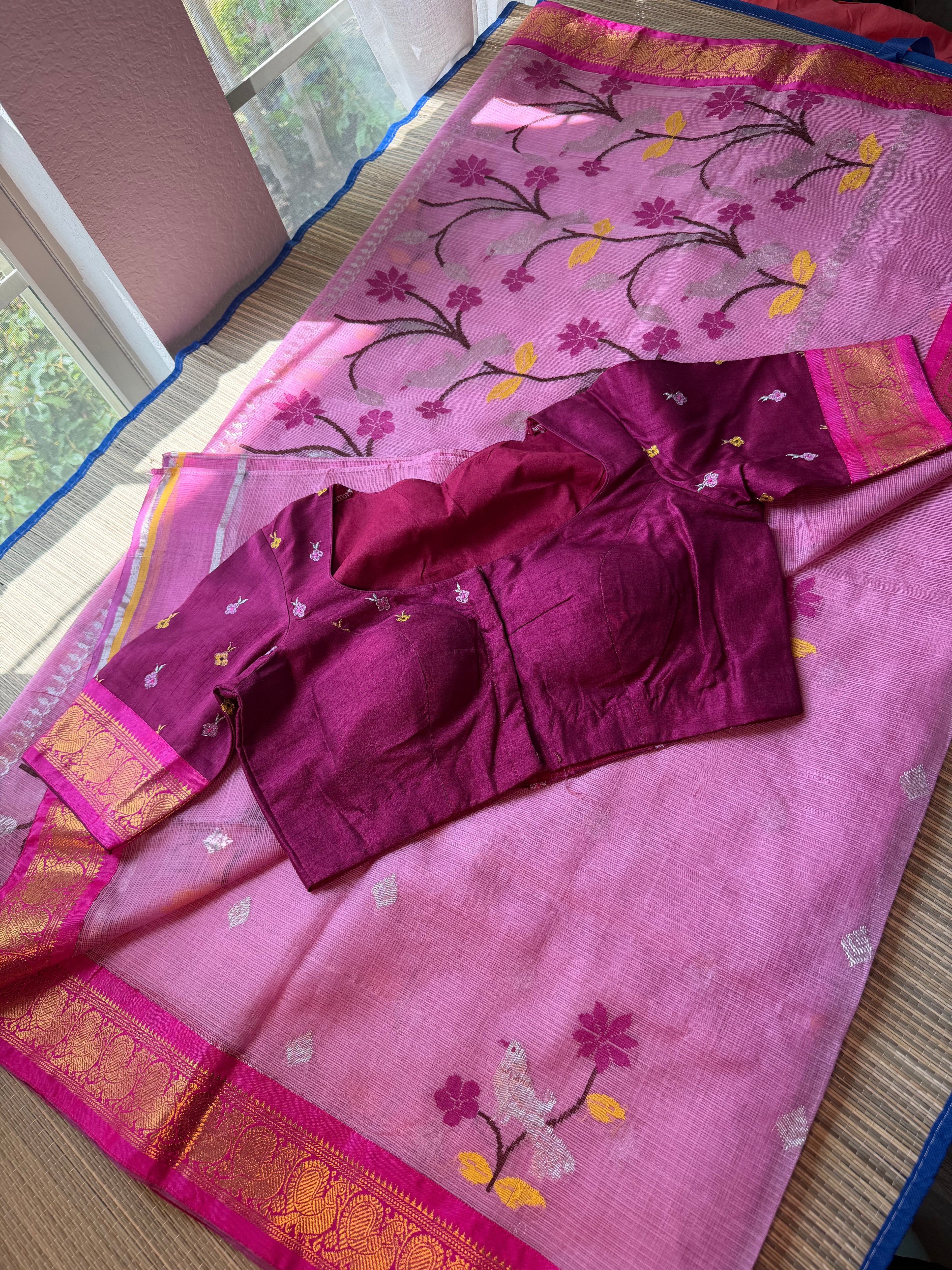 Pure Zari Kota Saree with Kanchi Fusion Border - Pink/Dark Pink