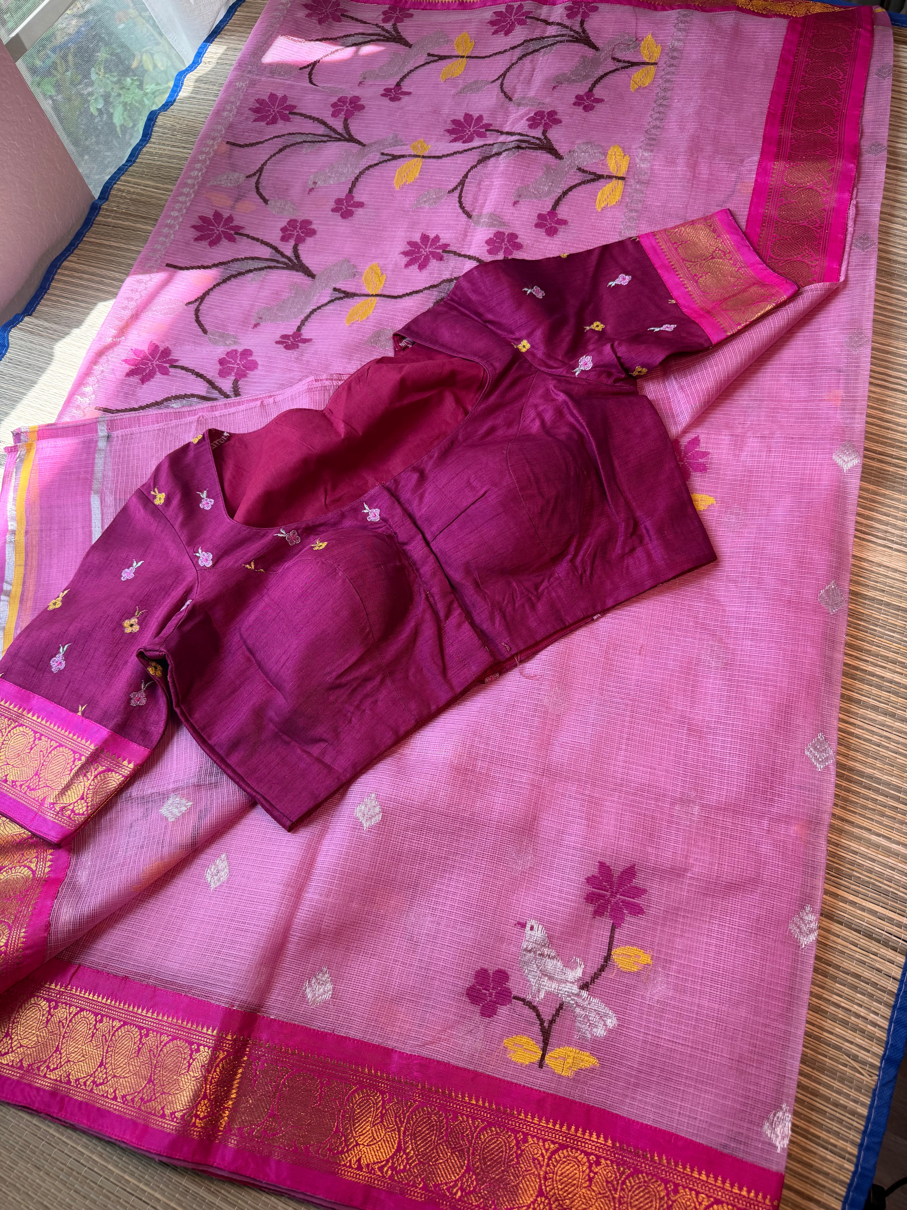Pure Zari Kota Saree with Kanchi Fusion Border - Pink/Dark Pink