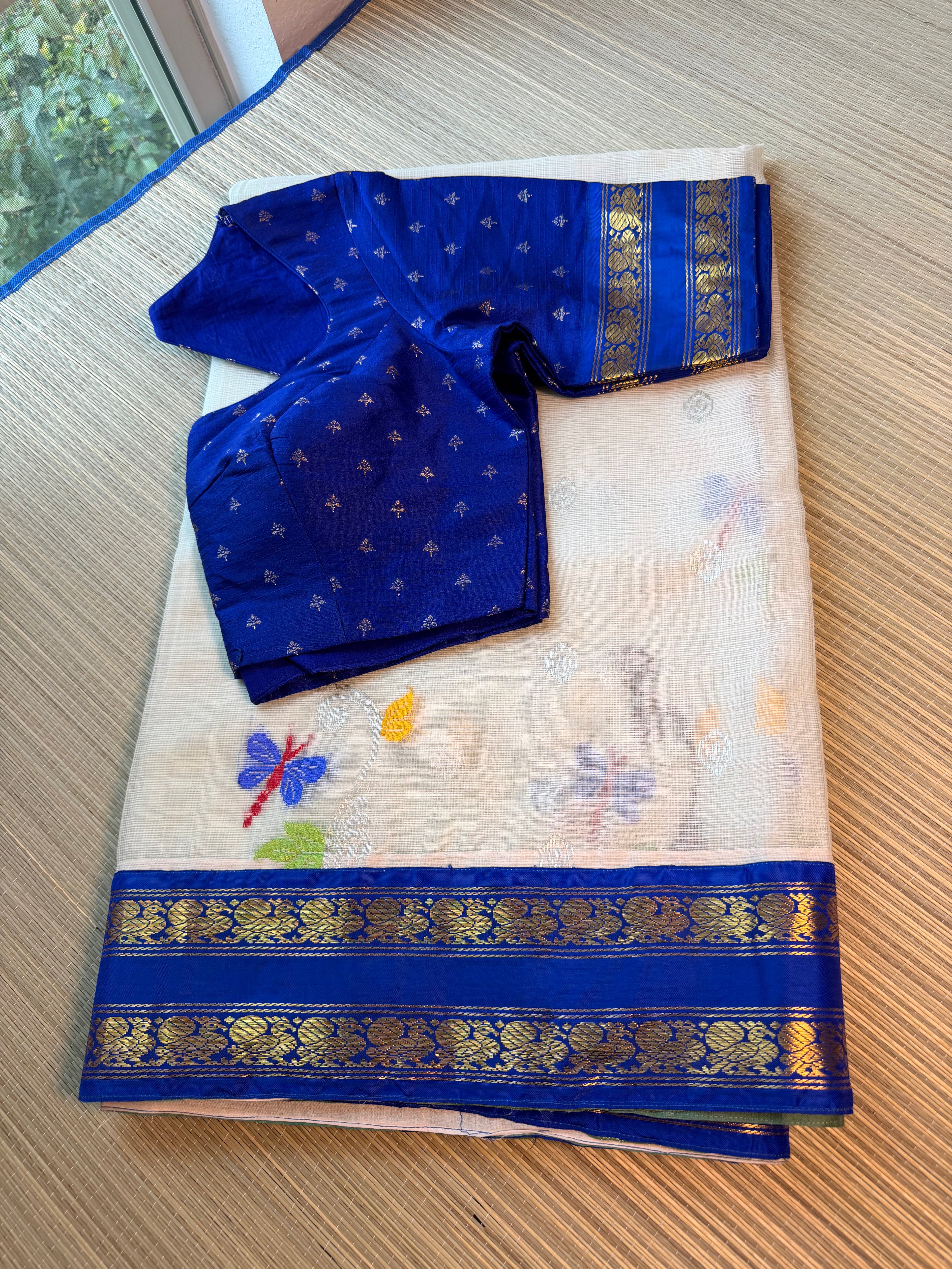 Pure Zari Kota Saree with Kanchi Fusion Border - Blue border