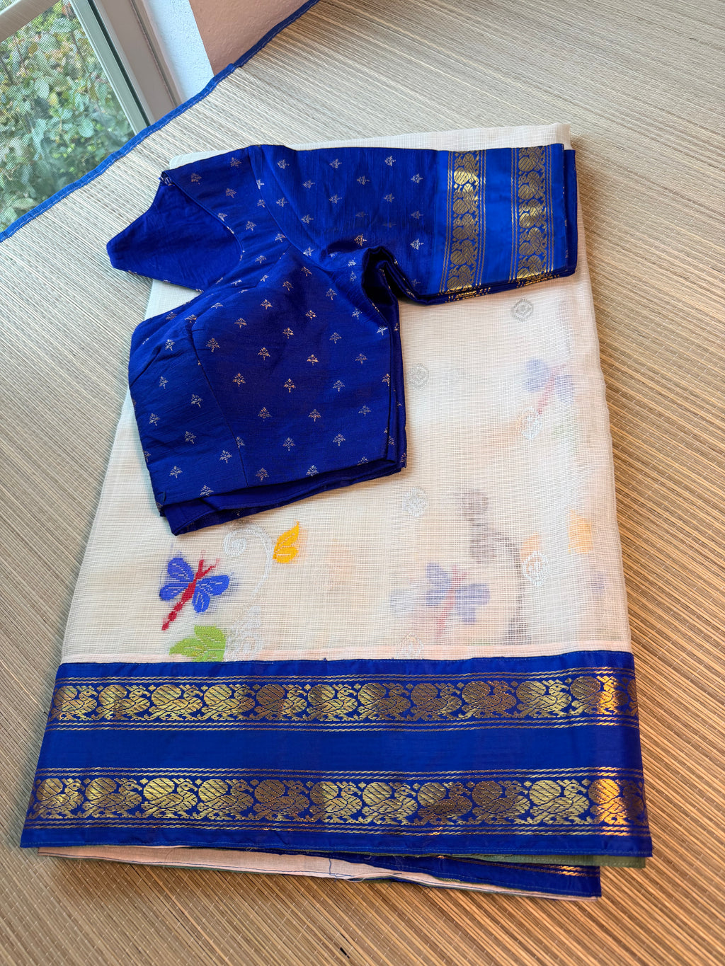 Pure Zari Kota Saree with Kanchi Fusion Border - Blue border