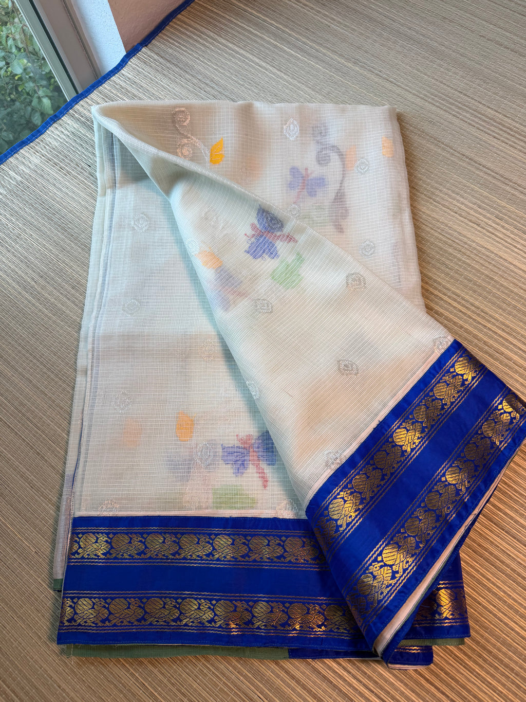 Pure Zari Kota Saree with Kanchi Fusion Border - Blue border