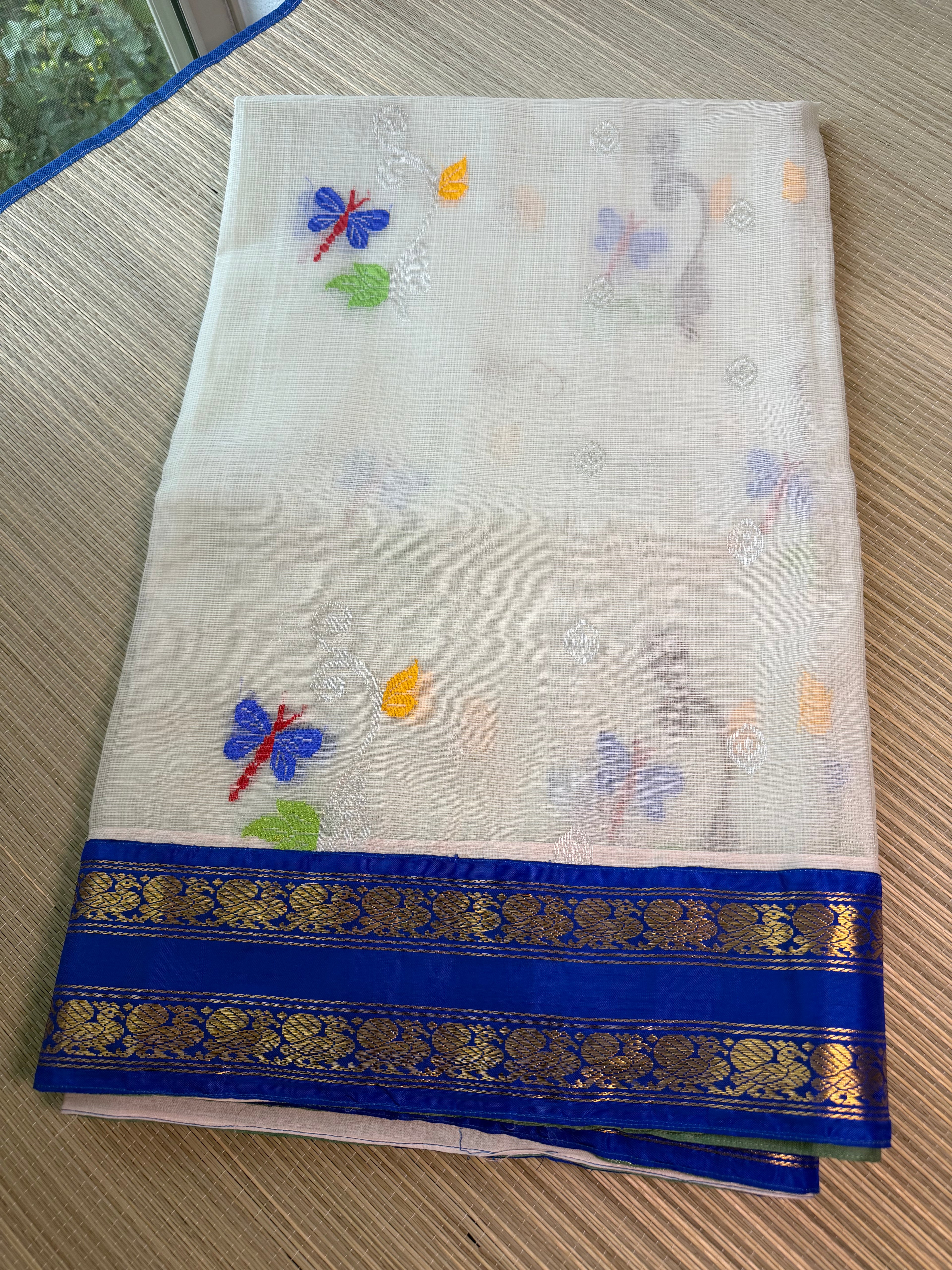 Pure Zari Kota Saree with Kanchi Fusion Border - Blue border