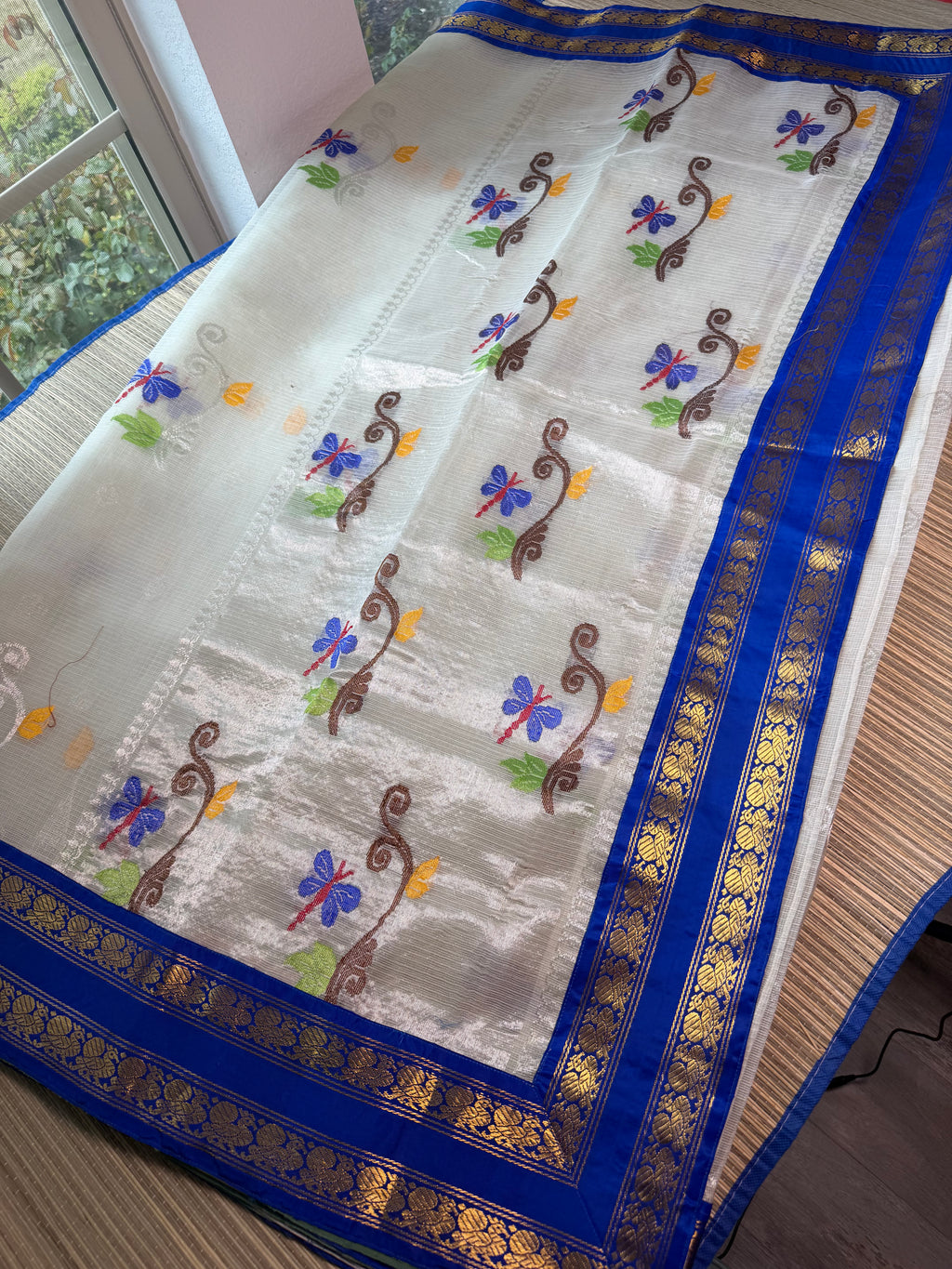 Pure Zari Kota Saree with Kanchi Fusion Border - Blue border