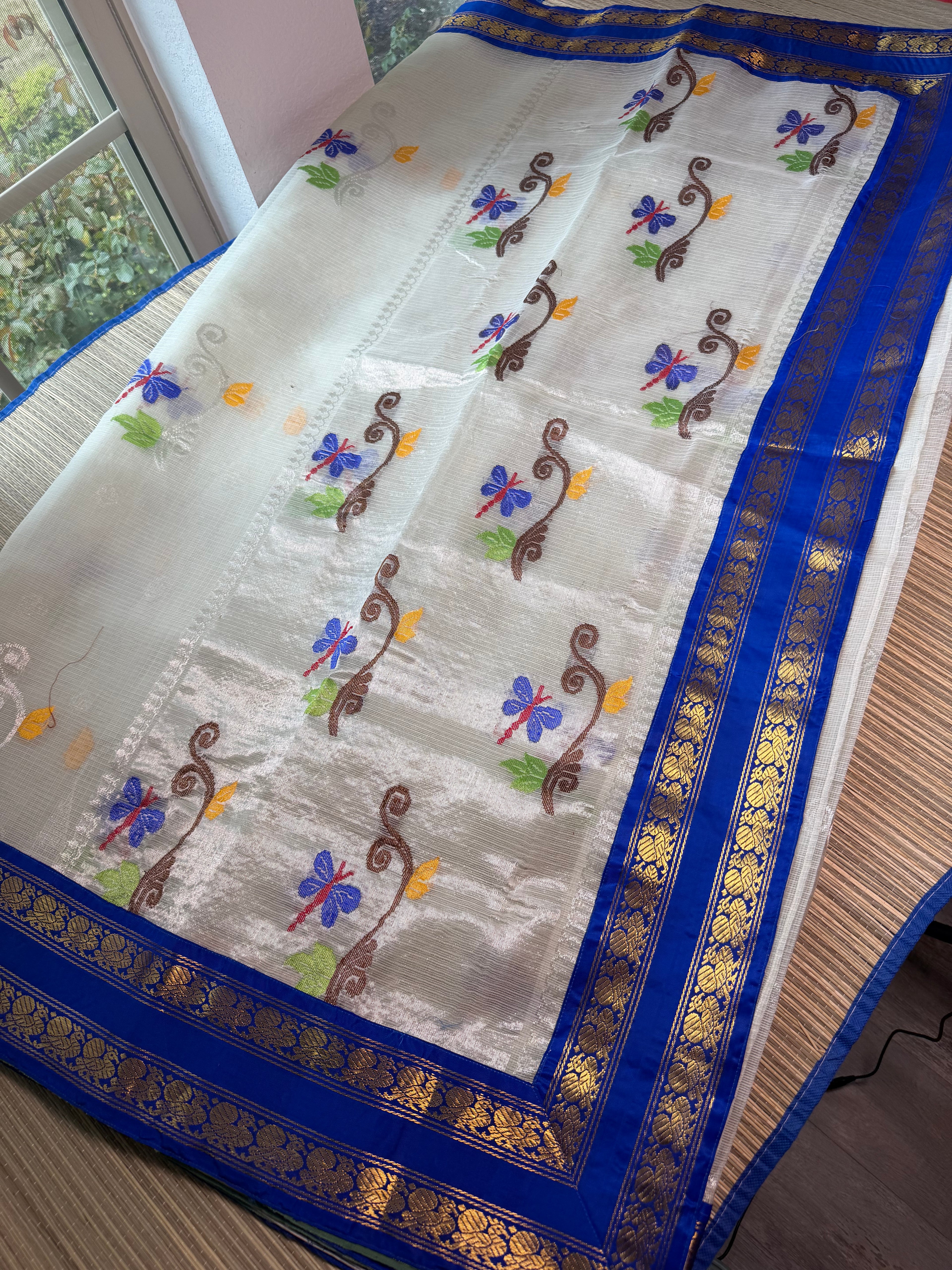 Pure Zari Kota Saree with Kanchi Fusion Border - Blue border