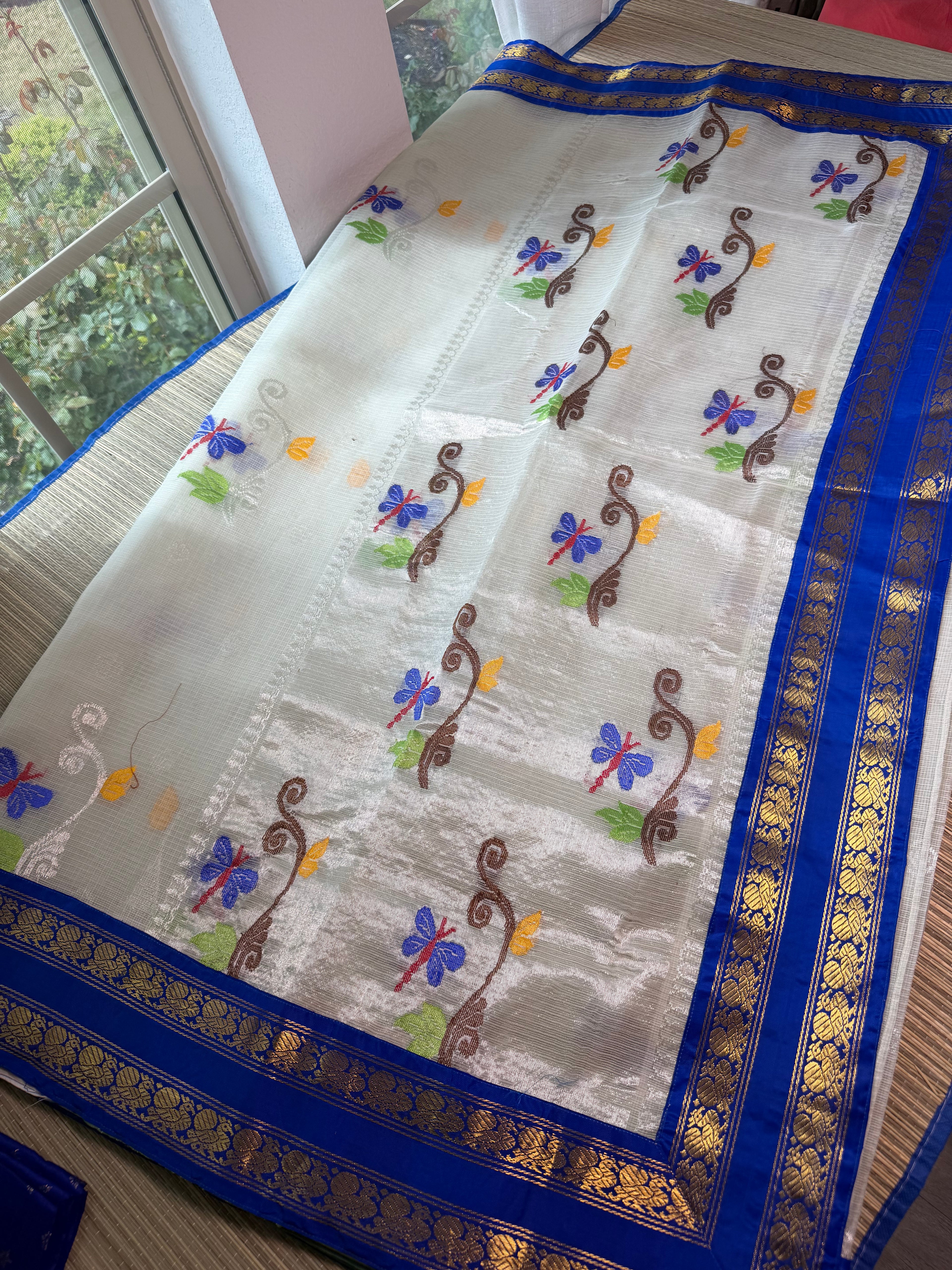 Pure Zari Kota Saree with Kanchi Fusion Border - Blue border