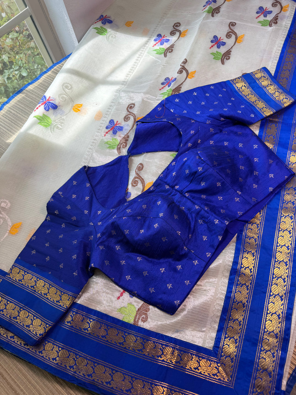 Pure Zari Kota Saree with Kanchi Fusion Border - Blue border