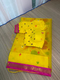 Muslin Jamdani Saree with Kanchi Border - Yellow/Pink