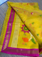 Muslin Jamdani Saree with Kanchi Border - Yellow/Pink