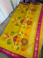 Muslin Jamdani Saree with Kanchi Border - Yellow/Pink