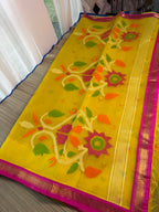 Muslin Jamdani Saree with Kanchi Border - Yellow/Pink