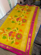 Muslin Jamdani Saree with Kanchi Border - Yellow/Pink