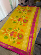 Muslin Jamdani Saree with Kanchi Border - Yellow/Pink